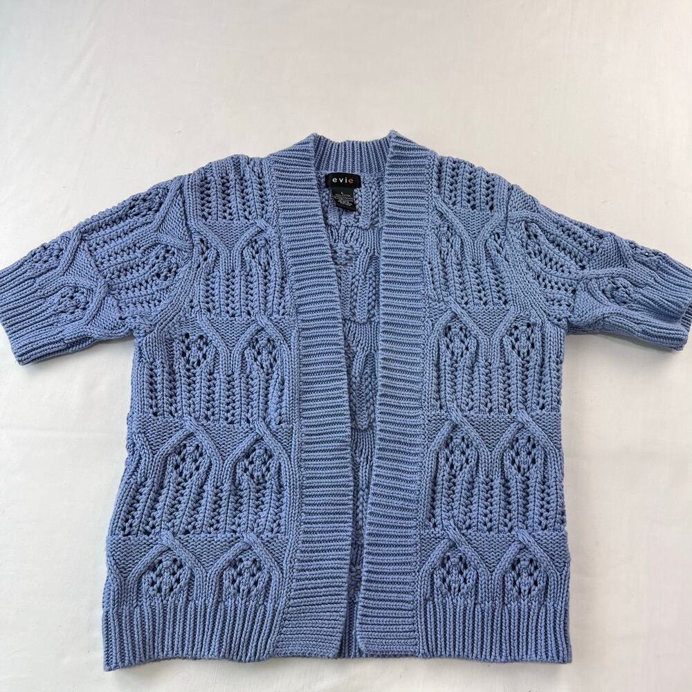 Evie Vintage Blue Eyelet Cardigan Sweater Short Sleeve Women's size Large